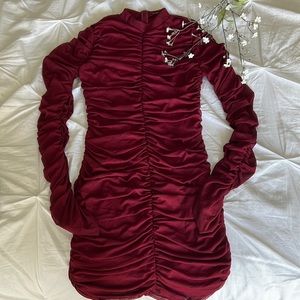 Ruched mesh midi dress in Maroon